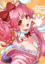 Rule 34 | 1girl, animal ears, aoi rokushou, artist name, blush, bow, breasts, brown eyes, claw pose, cleavage, collarbone, fake animal ears, from above, fur-trimmed gloves, fur choker, fur trim, gloves, highres, japanese clothes, kimono, looking at viewer, macross, macross delta, makina nakajima, medium breasts, off shoulder, open mouth, orange background, pink bow, pink gloves, pink hair, pink kimono, red bow, smile, solo