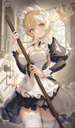 Rule 34 | 00nanona, 1girl, alternate costume, apron, black dress, blonde hair, breasts, broom, chandelier, cleavage, closed mouth, commentary, cowboy shot, day, dress, enmaided, feather hair ornament, feathers, genshin impact, hair ornament, highres, holding, holding broom, indoors, juliet sleeves, large breasts, lens flare, long sleeves, looking at viewer, lumine (genshin impact), maid, maid headdress, puffy sleeves, short hair with long locks, sidelocks, smile, solo, sunlight, thigh gap, thighhighs, white apron, white thighhighs, window, yellow eyes, zettai ryouiki