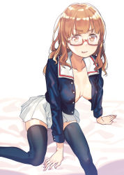 Rule 34 | 10s, 1girl, breasts, cleaver, girls und panzer, glasses, licking lips, naughty face, on bed, ooarai military uniform, open clothes, open shirt, orange eyes, orange hair, shirt, sitting, solo, subachi, takebe saori, thighhighs, tongue, tongue out, zettai ryouiki