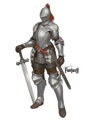 Rule 34 | 1girl, absurdres, armor, artist name, brown gloves, full body, gloves, helm, helmet, highres, knight, plate armor, sheath, simple background, solo, sonech, standing, sword, weapon, white background
