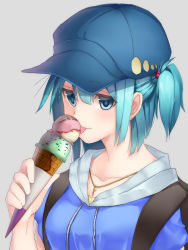 Rule 34 | 1girl, adapted costume, alternate costume, backpack, bag, blue eyes, blue hair, blush, double scoop, dress shirt, eating, food, green hair, grey background, hair bobbles, hair ornament, hat, highres, hood, hoodie, ice cream, ice cream cone, jewelry, kawashiro nitori, key, key necklace, looking at viewer, matching hair/eyes, necklace, shirt, short hair, short sleeves, simple background, solo, tauta (meshia8787), tongue, tongue out, touhou, two side up, yellow shirt