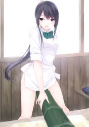 Rule 34 | 1girl, absurdres, apron, backlighting, bamboo, between legs, black hair, black skirt, bow, bowtie, breasts, coffee-kizoku, collared shirt, green bow, green bowtie, highres, index finger raised, legs apart, long hair, long sleeves, looking at viewer, looking to the side, low ponytail, medium breasts, no panties, open mouth, original, scan, shiramine rika, shirt, sidelocks, skirt, unworn skirt, sleeves past elbows, sleeves pushed up, sleeves rolled up, solo, straddling, table, white apron, white shirt, window, wing collar