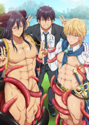 Rule 34 | 3boys, abs, blonde hair, demon, double v, horns, looking at viewer, male focus, multiple boys, muscular, necktie, nipples, outdoors, pectorals, public indecency, sky, smile, sword, teeth, tentacles, tentacles on male, tree, undressing, v, water, weapon, yaoi, ygyg2200