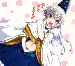 Rule 34 | &gt;:d, 1girl, :d, blue eyes, clothes lift, ebiten g-san, fangs, hat, heart, japanese clothes, kariginu, mononobe no futo, navel, open mouth, shirt lift, simple background, smile, solo, tate eboshi, touhou, v-shaped eyebrows, white hair, wide sleeves