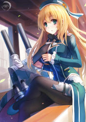 Rule 34 | 10s, 1girl, atago (kancolle), beret, black pantyhose, blonde hair, blouse, breasts, cannon, crossed legs, female focus, green eyes, hat, jacket, kantai collection, large breasts, long hair, military, military uniform, open mouth, pantyhose, shirt, sitting, skirt, solo, turret, uniform, xiaoyin li