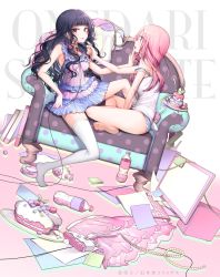 Rule 34 | 2girls, asymmetrical legwear, barefoot, black hair, blue panties, blunt bangs, book, bottle, cable, cake, camisole, candy, commentary request, computer, couch, cover, cover page, crossed legs, cup, dutch angle, finger to mouth, food, fork, headphones, headphones around neck, headset, highres, indian style, jewelry, unworn jewelry, lipstick, lollipop, long hair, looking at viewer, makeup, multiple girls, nail polish, necklace, unworn necklace, nightgown, no pants, no shoes, original, pajamas, panties, papers, pearl necklace, pink hair, polka dot, purple eyes, red eyes, unworn shirt, sitting, skirt, unworn skirt, sticky note, teacup, thighhighs, underwear, uneven legwear, water bottle, watermark, wavy hair, white legwear, yukinokoe, yuri