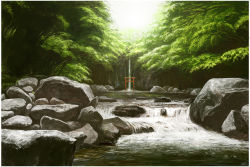 Rule 34 | bad id, bad pixiv id, forest, landscape, maco (macoillust), nature, no humans, original, realistic, river, rock, scenery, torii, tree, water, waterfall