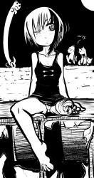 Rule 34 | 1girl, amputee, barefoot, big-d, big-d (artist), bikko, cat, english text, feet, greyscale, high contrast, longcat (meme), meme, monochrome, multicolored hair, one-eyed, original, outdoors, short hair, sitting, solo, tank top, toes, two-tone hair, what