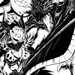 Rule 34 | absurdres, angry, armor, cete (controllingtime), greyscale, highres, monochrome, monster hunter (series), monster hunter: world, nergigante, nergigante (armor), screaming, solo