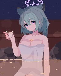 Rule 34 | 1girl, animal ears, blue archive, blue hair, breasts, cleavage, closed mouth, cup, extra ears, halo, highres, holding, holding cup, large breasts, looking at viewer, naked towel, night, official alternate costume, partially submerged, pixel art, purple eyes, purple halo, shigure (blue archive), shigure (hot spring) (blue archive), short hair, sitting, sky, smile, solo, star (sky), starry sky, tinia etru, towel, weasel ears, weasel girl