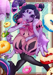 Rule 34 | 1girl, bow, breasts, colored skin, doughnut, extra arms, extra eyes, fangs, food, high heels, highres, arthropod girl, money, monster girl, muffet, purple skin, ribbon, spider girl, tea, teapot, thighhighs, undertale, wink
