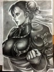 Rule 34 | 1girl, absurdres, bad id, bad pixiv id, bracelet, breasts, bun cover, capcom, chinese clothes, chun-li, cleavage, clenched hand, double bun, drawing (object), earrings, female focus, filigree, from side, graphite (medium), greyscale, hair bun, hair ribbon, highres, jewelry, large breasts, lips, maitamu, monochrome, photo (medium), real life, ribbon, solo, spiked bracelet, spikes, street fighter, traditional media, upper body