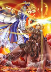 Rule 34 | 00s, 1boy, 1girl, 2009, absurdres, ahoge, anakin skywalker, armor, artist name, artoria pendragon (all), artoria pendragon (fate), black gloves, blonde hair, blue dress, caliburn (fate), cape, clash, crossover, dress, energy sword, epic, fate/stay night, fate (series), gauntlets, gloves, hair ribbon, highres, light, lightsaber, lucasfilm, open mouth, ribbon, saber (fate), scar, scar across eye, scar on face, signature, single glove, songwut ouppakarndee, star wars, star wars: revenge of the sith, sword, weapon