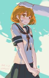 Rule 34 | 10s, 1girl, bandaid, bandaid on face, blush, breasts, brown eyes, cloud, dated, hand on another&#039;s head, kantai collection, light brown hair, oboro (kancolle), out of frame, pleated skirt, school uniform, serafuku, short hair, skirt, sky, small breasts, solo focus, torminal, twitter username, v arms