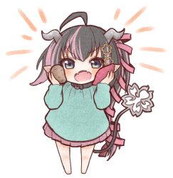 Rule 34 | 1girl, ahoge, alternate costume, barefoot, belt, belt collar, black belt, black hair, blue dress, blue eyes, blush, chibi, collar, commentary, demon girl, demon horns, demon tail, dress, fangs, flower, food, full body, grey horns, hair flower, hair ornament, hair ribbon, holding, holding food, horns, long hair, long sleeves, looking at viewer, medium bangs, multicolored hair, nanashi inc., oinomori may, one side up, open mouth, pink hair, pink ribbon, pointy ears, powercandy, ribbon, simple background, smile, solo, standing, sweet potato, symbol-only commentary, tail, two-tone hair, v-shaped eyebrows, virtual youtuber, white background