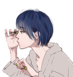 Rule 34 | 1girl, applying makeup, bad id, bad pixiv id, blue hair, commentary request, cosmetics, eyeshadow, hair behind ear, ma2, makeup, mascara, mascara wand, multicolored hair, nail polish, original, partial commentary, pout, profile, robe, short hair, sketch, solo, two-tone hair, white background, yellow eyes