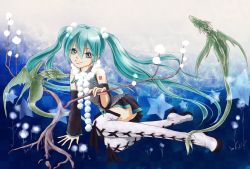 Rule 34 | 1girl, aqua hair, bare shoulders, bare tree, blue eyes, boots, detached sleeves, dragon, hatsune miku, hayaseiku, pleated skirt, scarf, sitting, skirt, solo, star (symbol), thigh boots, thighhighs, tree, twintails, vocaloid