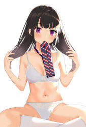 Rule 34 | 1girl, black hair, blue necktie, blunt bangs, blush, bra, breasts, cleavage, collarbone, groin, hands up, head tilt, highres, holding, holding hair, indian style, kneehighs, lace, lace-trimmed bra, lace-trimmed legwear, lace-trimmed panties, lace trim, long hair, looking at viewer, medium breasts, mouth hold, navel, necktie, necktie in mouth, nuo nuomi ci, original, panties, purple eyes, shiny skin, sidelocks, simple background, sitting, skindentation, socks, solo, spread legs, striped necktie, striped neckwear, underwear, underwear only, white background, white bra, white panties, white socks