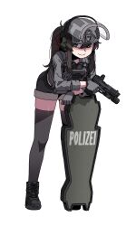 Rule 34 | 1girl, black footwear, black skirt, black thighhighs, blue eyes, boots, breasts, brown hair, combat helmet, commission, ear protection, flashlight, full body, german text, glock, gloves, grey gloves, grey jacket, gun, hair between eyes, handgun, helmet, highres, holding, holding weapon, jacket, karepack, large breasts, leaning forward, leaning on object, looking at viewer, microphone, optical sight, original, bulletproof vest, ponytail, red dot sight, red ribbon, ribbon, shield, short shorts, shorts, sidelocks, skirt, smile, solo, termichan (not-a-bot), thighhighs, visor (armor), weapon