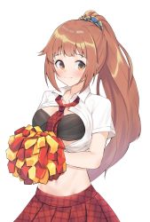 Rule 34 | 1girl, aa211108, absurdres, black tube top, blush, groin, hair ornament, hair scrunchie, highres, holding, holding pom poms, idolmaster, idolmaster cinderella girls, looking at viewer, necktie, orange hair, partially unbuttoned, plaid, pleated skirt, pom pom (cheerleading), pom poms, ponytail, red necktie, red skirt, scrunchie, simple background, skirt, smile, solo, strapless, tube top, wakabayashi tomoka, white background