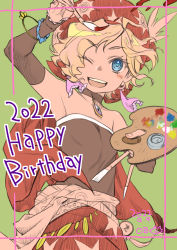 Rule 34 | 1girl, bare shoulders, black choker, black shirt, blonde hair, blue eyes, blush, border, bracelet, breasts, choker, curly hair, detached sleeves, final fantasy, final fantasy vi, green background, happy birthday, head scarf, highres, holding, holding paintbrush, holding palette, jewelry, mori obi, one eye closed, open mouth, paintbrush, painting (action), palette (object), red scarf, relm arrowny, ribbon earrings, scarf, shirt, short hair, small breasts, smile, solo, strapless, teeth, tube top, upper body, upper teeth only, waist sash