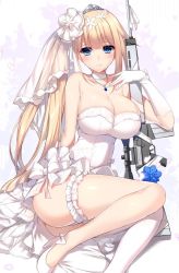 Rule 34 | 1girl, ahoge, alternate costume, battle rifle, blonde hair, blue eyes, blue gemstone, blush, bow, breasts, bridal garter, bridal veil, choker, cleavage, dress, elbow gloves, fal (girls&#039; frontline), fal (the big day) (girls&#039; frontline), flower, fn fal, gem, girls&#039; frontline, gloves, gun, hair flower, hair ornament, high heels, holding, holding gun, holding weapon, jewelry, large breasts, long hair, looking at viewer, minamon (vittel221), necklace, petals, ribbon, rifle, side ponytail, simple background, single thighhigh, sitting, skindentation, solo, strapless, strapless dress, thighhighs, tiara, veil, very long hair, weapon, wedding dress, white dress, white footwear, white gloves, white ribbon, white thighhighs, yokozuwari