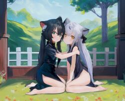 Rule 34 | 2girls, animal ear fluff, animal ears, barefoot, black dress, black hair, blue archive, blush, brown eyes, china dress, chinese clothes, cloud, dress, face-to-face, feet, from side, green eyes, grey hair, hands on another&#039;s shoulders, highres, kneeling, kokona (blue archive), long hair, looking at viewer, multiple girls, outdoors, short sleeves, shun (blue archive), shun (small) (blue archive), siblings, side slit, sisters, sleeveless, sleeveless dress, sly, tail, thighs, tiger ears, tiger girl, tiger tail, toes, tree, twintails, very long hair, wangyq