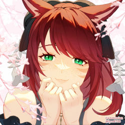 Rule 34 | 1girl, :3, animal ears, warrior of light (ff14), bow, cat ears, close-up, commission, facial hair, facial mark, final fantasy, final fantasy xiv, green eyes, hair bow, long hair, looking at viewer, lyra-kotto, portrait, red hair, slit pupils, smile, solo, whisker markings