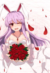 Rule 34 | 1girl, absurdres, animal ears, bare shoulders, bouquet, breasts, rabbit ears, cleavage, dedeyong, dress, elbow gloves, female focus, flower, gloves, hair ornament, hairclip, highres, jewelry, long hair, necktie, one eye closed, pendant, petals, purple hair, red eyes, red flower, red rose, reisen udongein inaba, rose, rose petals, solo, touhou, wedding dress