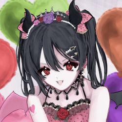 Rule 34 | 1girl, artist name, artist request, asymmetrical wings, balloon, bare shoulders, black choker, black hair, blush, bow, bracelet, breasts, choker, collarbone, curled horns, demon girl, demon horns, demon tail, demon wings, detached collar, dress, earrings, elbow gloves, female focus, flat chest, floral print, flower, flower earrings, flower print, frilled dress, frills, gloves, grey wings, hair between eyes, hair bow, hair flower, hair ornament, hairclip, heart, heart balloon, heart tattoo, horns, jewelry, long hair, looking at viewer, love live!, love live! school idol festival, love live! school idol project, midriff, mismatched wings, navel, parted lips, pearl bracelet, pink flower, pink gloves, pink rose, polka dot, polka dot bow, purple flower, purple rose, red bow, red eyes, red flower, red rose, rose, short hair, short twintails, shoulder tattoo, sidelocks, small breasts, smile, solo, striped clothes, striped gloves, tail, tattoo, tiara, twintails, upper body, vertical-striped clothes, vertical-striped gloves, wing hair ornament, wings, yazawa nico