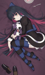 Rule 34 | 1girl, absurdres, black dress, black hair, blue bow, blue ribbon, blunt bangs, bow, colored inner hair, dress, gothic lolita, green eyes, hair bow, highres, lolita fashion, long hair, looking at viewer, multicolored hair, panty &amp; stocking with garterbelt, pink hair, ribbon, solo, stocking (psg), streaked hair, striped clothes, striped thighhighs, stuffed animal, stuffed cat, stuffed toy, thighhighs, two-tone hair, very long hair, ziddol