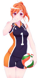 Rule 34 | 1girl, absurdres, ball, bare arms, cosplay request, cowboy shot, floating hair, hair between eyes, hair ornament, hairclip, highres, holding, holding ball, long hair, open mouth, orange hair, original, ponytail, shiny skin, shirt, short shorts, shorts, simple background, sleeveless, sleeveless shirt, solo, sportswear, standing, sweatdrop, thigh gap, volleyball, volleyball (object), volleyball uniform, wakkuchin20, white background