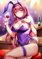 Rule 34 | 1girl, alcohol, animal ears, bar (place), bar stool, bare shoulders, blush, bottle, bow, breasts, bunny day, cleavage, cup, detached collar, drinking glass, fake animal ears, fate/grand order, fate (series), fukase ayaka, indoors, bridal garter, leotard, long hair, looking at viewer, official alternate costume, pantyhose, playboy bunny, rabbit ears, rabbit tail, scathach (fate), scathach (piercing bunny) (fate), sitting, smile, solo, stool, tail, wine, wine bottle, wine glass, wrist cuffs