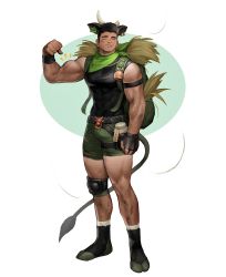 Rule 34 | 1boy, animal ears, animal print, bara, bare shoulders, biceps, black hair, black tank top, bulge, chinese zodiac, closed eyes, covered abs, covered navel, cow boy, cow ears, cow horns, cow print, eyebrow cut, flexing, green shorts, happy new year, highres, horns, large pectorals, male focus, muscular, muscular male, new year, odol illust, original, pectorals, short hair, shorts, sideburns, smile, solo, tank top, thick thighs, thighs, year of the ox