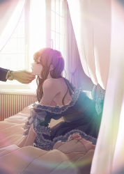 Rule 34 | 2boys, bed, blue dress, brown hair, crossdressing, curtains, dress, frilled dress, frills, hand on another&#039;s chin, highres, indoors, long hair, male focus, multiple boys, original, profile, strap slip, thighhighs, trap, watch, white legwear, window, wristwatch, yaoi, yonoo