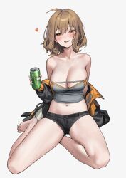 Rule 34 | 1girl, ahoge, alcohol, anis (nikke), bare legs, bare shoulders, barefoot, beer, beer can, black shorts, breasts, brown hair, can, cleavage, crop top, drink can, goddess of victory: nikke, grey shirt, heart, highres, holding, large breasts, looking at viewer, micro shorts, midriff, navel, open mouth, orange eyes, shirt, short hair, short shorts, shorts, simple background, sitting, skindentation, smile, solo, stomach, strapless, strapless shirt, thighs, tube top, white background, xi xeong, yokozuwari