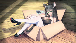 Rule 34 | 1girl, absurdres, ahoge, animal ears, bare shoulders, black hair, blunt bangs, box, braid, breasts, cardboard box, cat ears, cat tail, chinese commentary, cleavage cutout, clothing cutout, dress, extra ears, full body, green eyes, high heels, highres, in box, in container, large breasts, legs up, long hair, looking at viewer, nekomata, open mouth, original, pantyhose, pumps, shadow, sitting, solo, strapless, strapless dress, tail, white pantyhose, wooden floor, wooden wall, xiaoxi0619