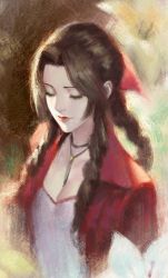 Rule 34 | 1girl, aerith gainsborough, bow, braid, breasts, brown hair, cleavage, closed mouth, commentary, cropped jacket, dress, closed eyes, final fantasy, final fantasy vii, from above, hair ribbon, jewelry, long dress, long hair, necklace, phamoz, pink bow, pink dress, ponytail, ribbon