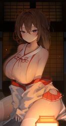 Rule 34 | 1girl, absurdres, ahoge, bare shoulders, between legs, blue eyes, breasts, brown hair, chimyo, closed mouth, commission, dark, garter straps, hakama, hakama skirt, hand between legs, highres, hip vent, huge breasts, japanese clothes, kimono, lamp, long hair, looking at viewer, microskirt, off shoulder, one side up, open clothes, original, pleated skirt, red skirt, second-party source, shadow, shirt, sideboob, skirt, sleeveless, sleeveless shirt, smile, solo, sweat, thighhighs, thighs, white kimono, white shirt, white thighhighs, wide sleeves