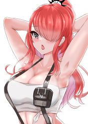 Rule 34 | 1girl, absurdres, armpits, arms behind head, arms up, bandeau, bare shoulders, blush, breasts, cleavage, commentary request, hair over one eye, highres, lain paterson, lain paterson (1st costume), large breasts, long hair, looking at viewer, midriff, nijisanji, open mouth, ponytail, pouch, purple eyes, red hair, sidelocks, simple background, solo, strapless, suspenders, tube top, upper body, virtual youtuber, white background, yotaka (yotaka illust)