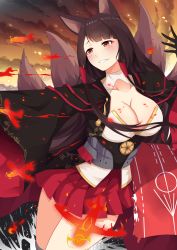 Rule 34 | akagi (azur lane), animal ears, azur lane, black hair, breasts, cleavage, commentary request, eyeliner, eyeshadow, fox ears, fox tail, gold trim, highres, japanese clothes, large breasts, makeup, miniskirt, multiple tails, mush (mushlicious), pleated skirt, red eyes, red skirt, skirt, smile, solo, tail, wide sleeves