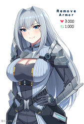 Rule 34 | 1girl, armor, belt, black gloves, blue eyes, breasts, cleavage, cleavage cutout, clothing cutout, ethel (xenoblade), gloves, grey hair, hair intakes, hand on own hip, highres, large breasts, long hair, looking at viewer, meme, namu (112namu), shoulder armor, smile, solo, twitter strip game (meme), xenoblade chronicles (series), xenoblade chronicles 3