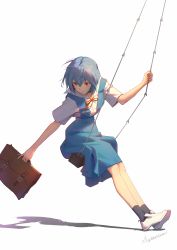Rule 34 | 1girl, absurdres, ayanami rei, black socks, blue dress, blue hair, blue ribbon, briefcase, character name, chinese commentary, commentary request, crossed bangs, dress, from side, full body, hair between eyes, highres, hokago-tt, holding, holding briefcase, loafers, neck ribbon, neon genesis evangelion, outstretched arm, pinafore dress, red eyes, ribbon, sailor collar, sailor shirt, school uniform, shadow, shirt, shoes, short hair, simple background, sitting, sleeveless, sleeveless dress, socks, solo, swing, white background, white footwear, white shirt