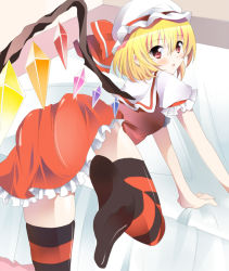 1girl bad_id bad_pixiv_id blonde_hair blouse embodiment_of_scarlet_devil feet female_focus flandre_scarlet hair_between_eyes hat mob_cap red_eyes shirt short_hair side_ponytail solo striped_clothes striped_thighhighs takeno_koko thighhighs touhou white_hat white_shirt yuika_(yurika712) yurichi