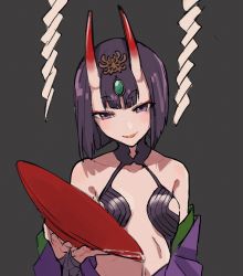 Rule 34 | 1girl, bad id, bad pixiv id, bare shoulders, blunt bangs, breasts, collarbone, cup, detached sleeves, diadem, fate/grand order, fate (series), gem, gloves, grey background, highres, holding, holding plate, horns, looking at viewer, oni, parted lips, plate, revealing clothes, sakazuki, short eyebrows, short hair, shuten douji (fate), simple background, skin-covered horns, small breasts, smile, solo, teshima nari, upper body
