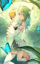Rule 34 | 1girl, antlers, apple, blue butterfly, bug, butterfly, ceres fauna, ceres fauna (1st costume), commentary, day, dress, english commentary, feet out of frame, flower, food, forest, fruit, golden apple, green hair, hair flower, hair ornament, hands up, highres, holding, holding food, holding fruit, hololive, hololive english, horns, insect, kneeling, lake, long hair, long sleeves, looking at viewer, looking back, mole, mole under eye, nature, outdoors, parted lips, single thighhigh, solo, thighhighs, virtual youtuber, water, white dress, white thighhighs, wide sleeves, xyunx, yellow eyes
