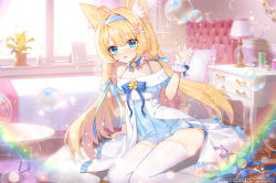 Rule 34 | 1girl, :d, absurdres, ahoge, animal ear fluff, animal ears, apple caramel, artist name, bare shoulders, bell, black footwear, blonde hair, blue eyes, blue hairband, blurry, blurry background, blush, commentary request, commission, depth of field, dress, fox ears, frilled dress, frills, hair between eyes, hairband, hand up, highres, indoors, jingle bell, long hair, looking at viewer, neck bell, off-shoulder dress, off shoulder, open mouth, original, pillow, sandals, sitting, smile, solo, thighhighs, very long hair, white dress, white thighhighs, wrist cuffs, yokozuwari, zouri