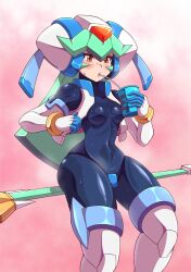 Rule 34 | 1girl, android, black bodysuit, bodysuit, breasts, cropped jacket, drinking straw, energy drink, green hair, helmet, highres, mega man (series), mega man x (series), mega man zx, nobuyu (77yusei), pandora (mega man), red eyes, reploid, robot girl, skin tight, small breasts, staff, tagme