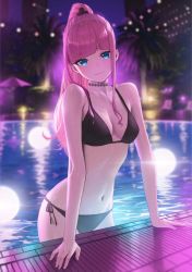 1girl bikini black_bikini blue_eyes breasts cleavage hara_kenshi highres looking_at_viewer navel night original outdoors pink_hair ponytail pool reflection side-tie_bikini_bottom small_breasts smile solo swimsuit