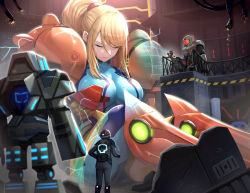 Rule 34 | 1girl, armor, blonde hair, blue bodysuit, bodysuit, breasts, closed eyes, closed mouth, electricity, factory, giant, giantess, gonzarez, hair tie, highres, indoors, large breasts, long hair, metroid, metroid prime: federation force, mole, mole under mouth, nintendo, people, ponytail, railing, robot, samus aran, shoulder armor, sidelocks, sitting, swept bangs, wire